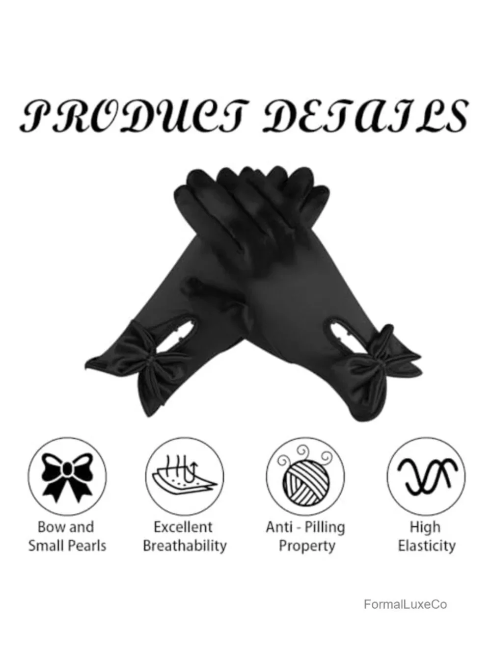Women's Satin Opera Gloves with Bow & Pearl, Stretchy Bridal Party